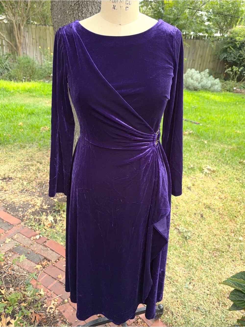 DKNY Purple Velvet Faux Wrap Dress Midi Gold Ring Fall 2020 Garment Sample Acai
